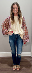 Cream & Brick Mixed Media Plaid Patchwork Top