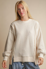 Oatmeal Oversized Waffle Knit Top