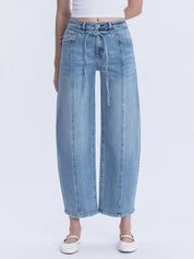 High Rise Tie Waist Cropped Wide Leg Barrel Jean