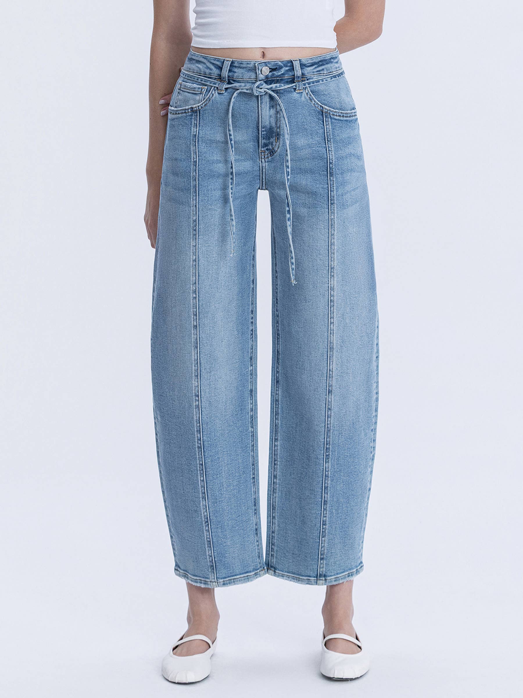 High Rise Tie Waist Cropped Wide Leg Barrel Jean