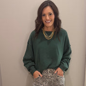 Dark Green Mineral Wash Oversized Raw Edge Crew Neck Top