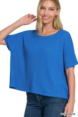 Drop Shoulder Jacquard Short Sleeve Sweater - 2 COLORS