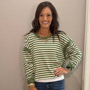 Green Striped Long Sleeve Top w/ Open Back Detail