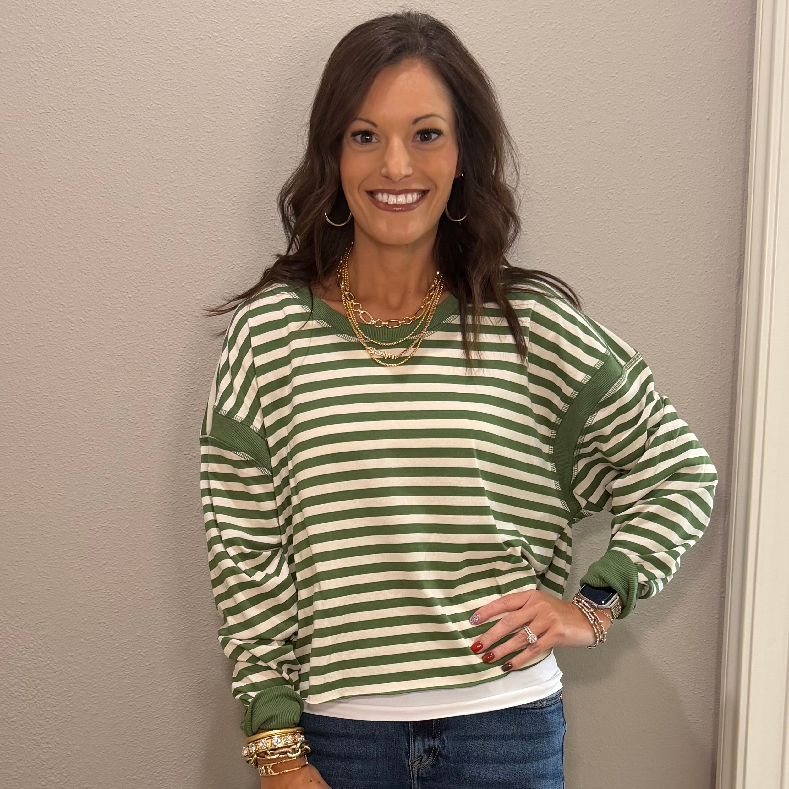 Green Striped Long Sleeve Top w/ Open Back Detail