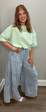 Wide Leg Tiered Layer Mineral Washed Chambray Pants