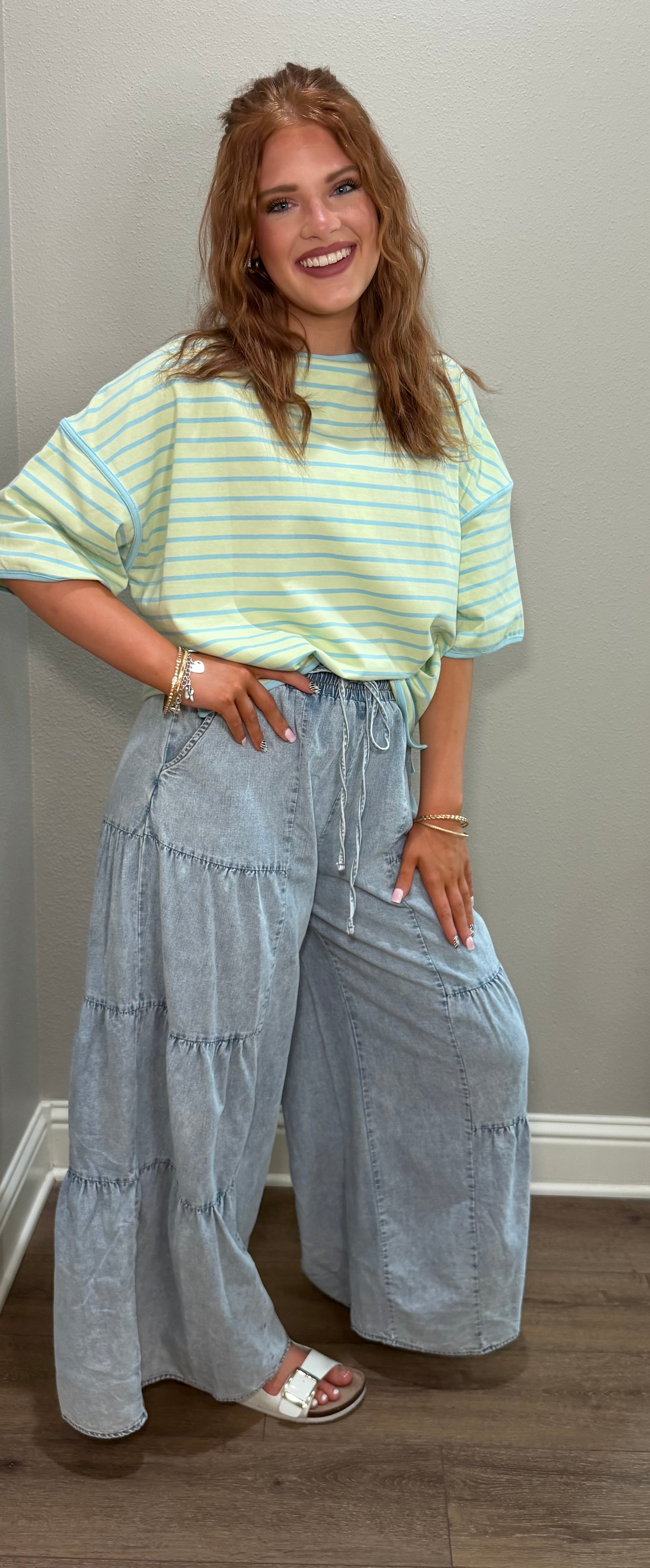 Wide Leg Tiered Layer Mineral Washed Chambray Pants
