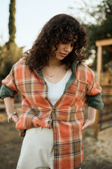 Reversible Corduroy and Plaid Button Down Shirt Jacket - Rust/Olive