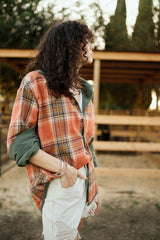 Reversible Corduroy and Plaid Button Down Shirt Jacket - Rust/Olive