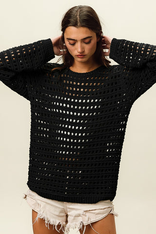 Black Crochet Round Neck Long Sleeve Top