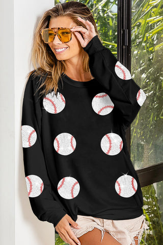 Black Sequin Baseball Lightweight French Terry Long Sleeve Top