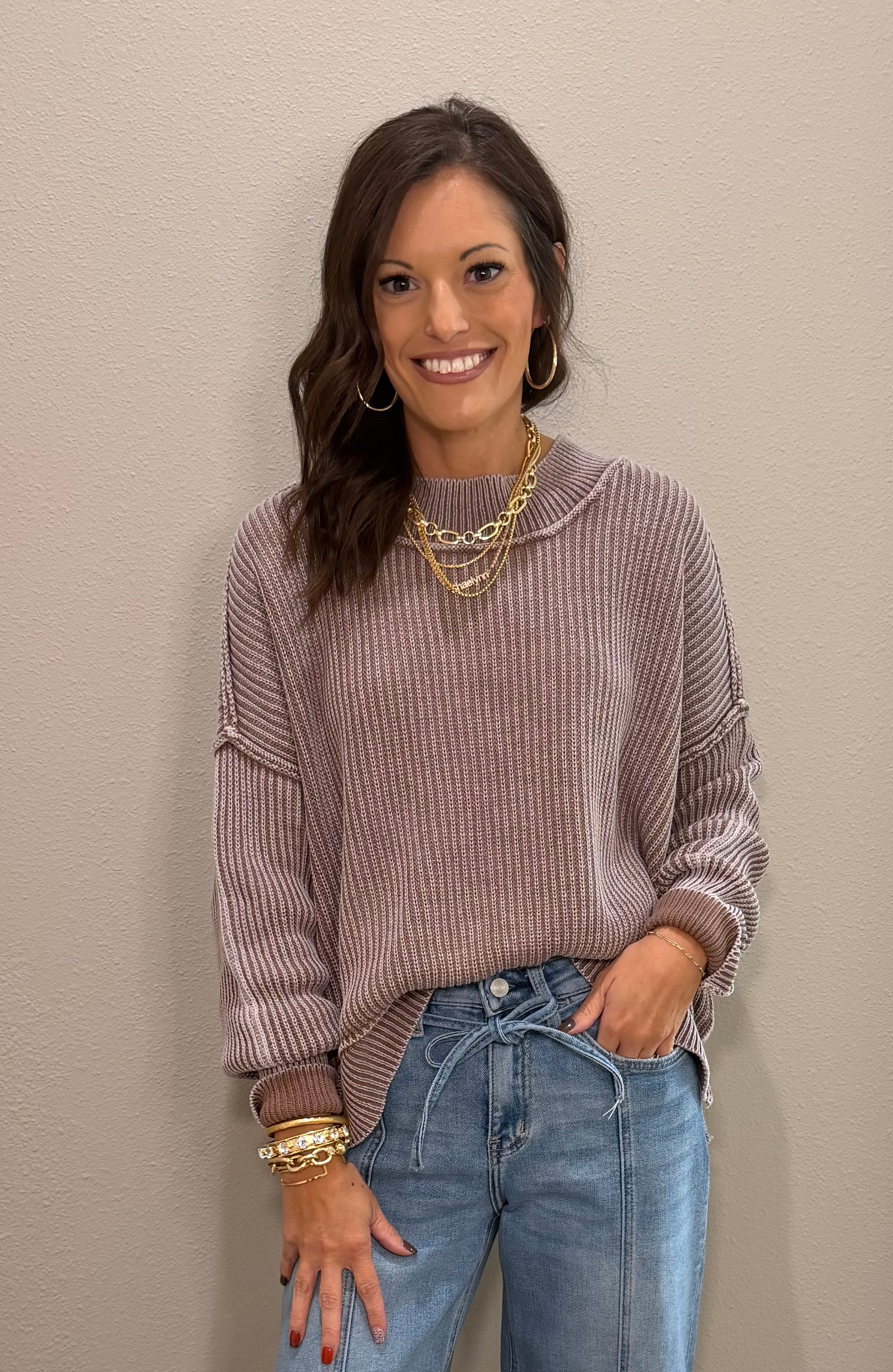 Washed Cocoa Side Slit Oversized Cropped Sweater