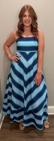 Navy, Light Blue & Green Striped Maxi Dress