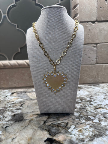 Gold Heart Charm w/ Rhinestones Necklace