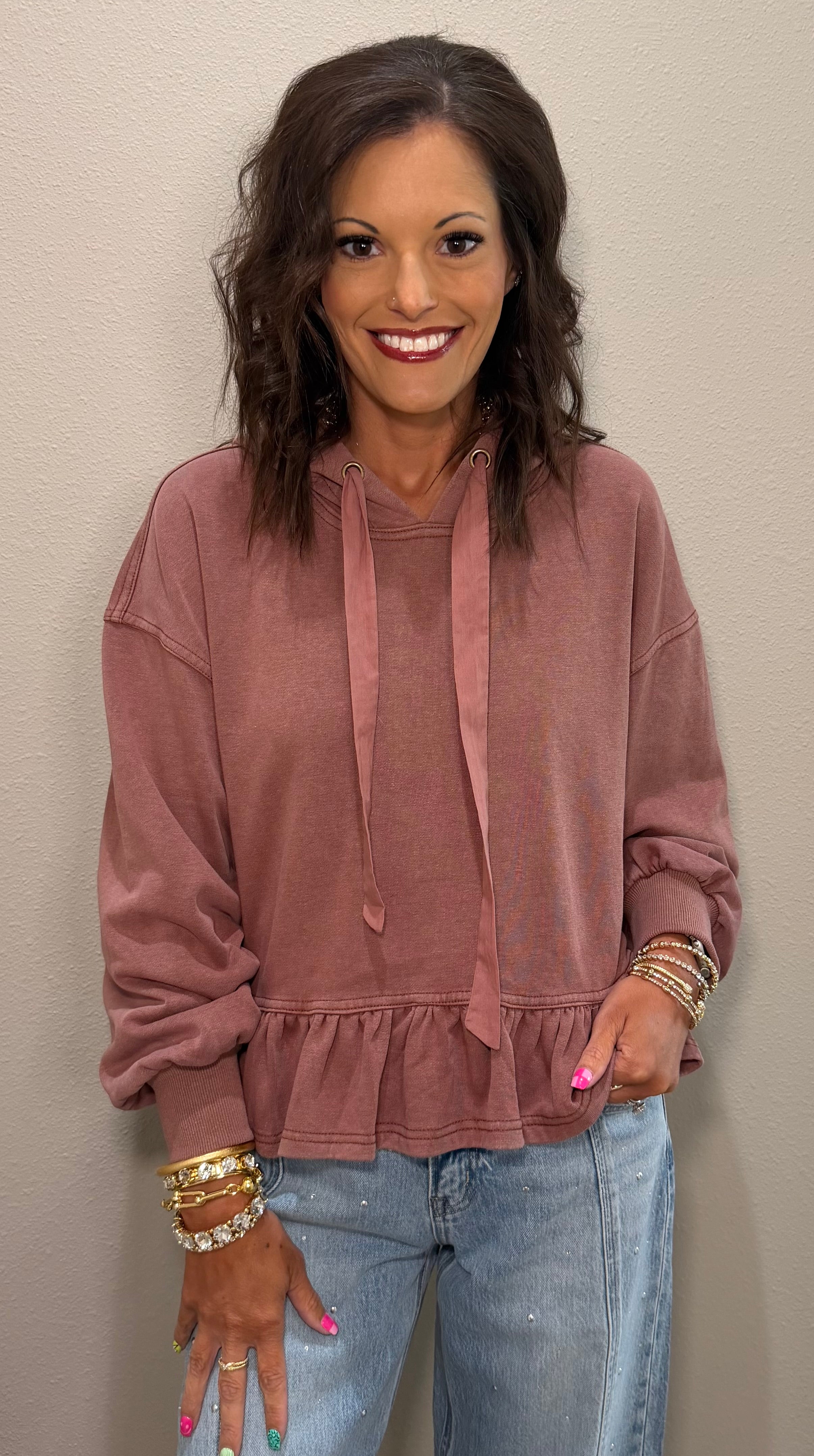 Toasted Walnut Mineral Washed Ruffle Hem Hoodie