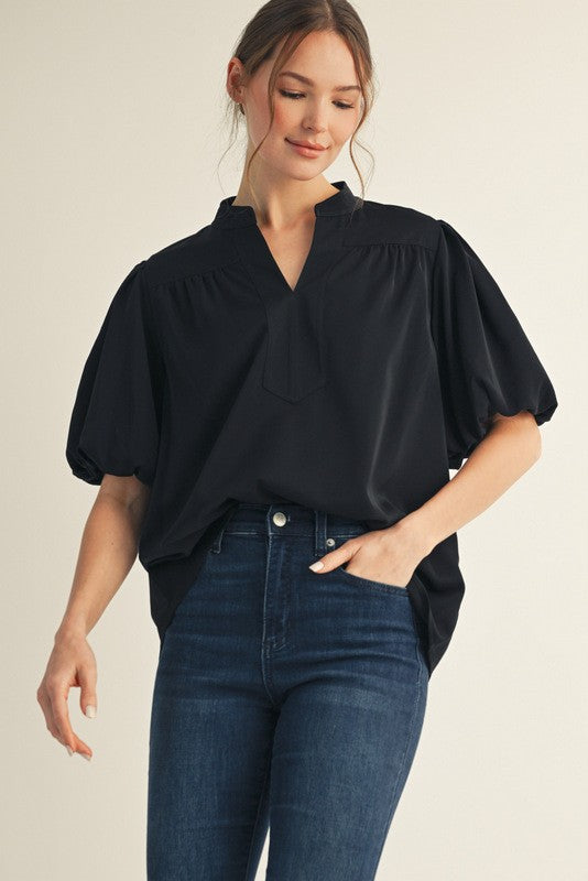 Silky Short Puff Sleeve Top - 2 COLORS