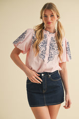 Pink Embroidered Buttondown Bubble Sleeve Top