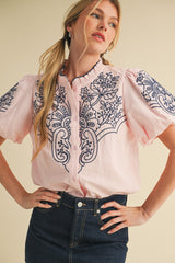 Pink Embroidered Buttondown Bubble Sleeve Top