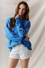 Blue Sweatshirt w/ Pearl Sleeve Details & Lettuce Hem