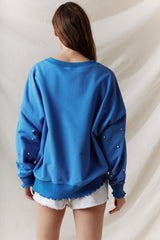 Blue Sweatshirt w/ Pearl Sleeve Details & Lettuce Hem