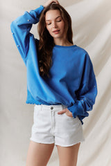 Blue Sweatshirt w/ Pearl Sleeve Details & Lettuce Hem