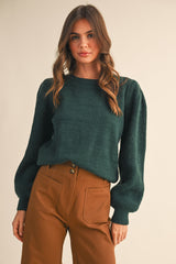 Hunter Green Ribbed Puff Sleeve