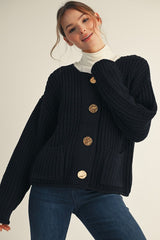 Black Sweater Cardigan with Big Gold Buttons