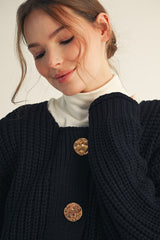 Black Sweater Cardigan with Big Gold Buttons