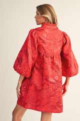 3/4 Puff Sleeves Floral Jacquard Dress w/ Ruffled Neckline