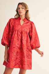 3/4 Puff Sleeves Floral Jacquard Dress w/ Ruffled Neckline