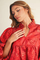 3/4 Puff Sleeves Floral Jacquard Dress w/ Ruffled Neckline