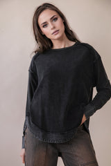 Mineral Washed Elbow Patch Waffle Knit Long Sleeve Basic - 2 COLORS
