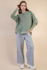 Mineral Washed Elbow Patch Waffle Knit Long Sleeve Basic - 2 COLORS