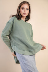 Mineral Washed Elbow Patch Waffle Knit Long Sleeve Basic - 2 COLORS