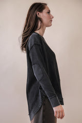 Mineral Washed Elbow Patch Waffle Knit Long Sleeve Basic - 2 COLORS