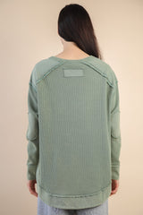 Mineral Washed Elbow Patch Waffle Knit Long Sleeve Basic - 2 COLORS