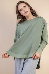 Mineral Washed Elbow Patch Waffle Knit Long Sleeve Basic - 2 COLORS