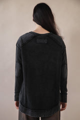 Mineral Washed Elbow Patch Waffle Knit Long Sleeve Basic - 2 COLORS