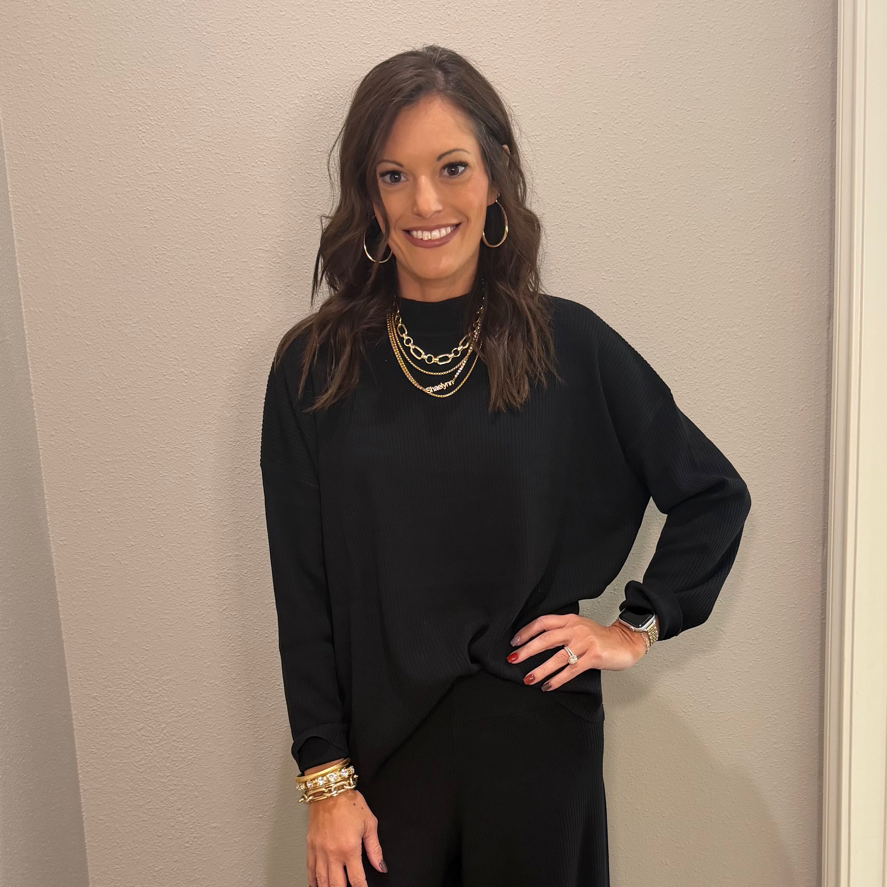 Black Ribbed Long Sleeve Viscose Pant SET