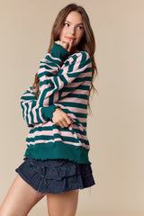 Teal/Pink Stripped Lettuce Hem Lightweight Sweatshirt