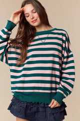 Teal/Pink Stripped Lettuce Hem Lightweight Sweatshirt