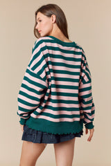 Teal/Pink Stripped Lettuce Hem Lightweight Sweatshirt