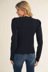 Black Scallop Hem Puff Sleeve Ribbed Long Sleeve Top