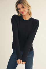 Black Scallop Hem Puff Sleeve Ribbed Long Sleeve Top