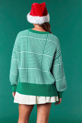 Kelly Green Striped Checker Balloon Sleeve Sweater