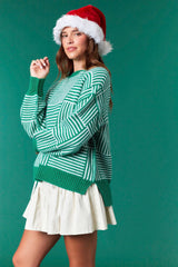Kelly Green Striped Checker Balloon Sleeve Sweater