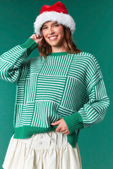 Kelly Green Striped Checker Balloon Sleeve Sweater