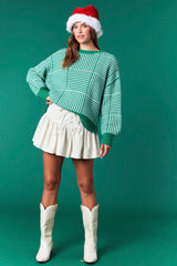 Kelly Green Striped Checker Balloon Sleeve Sweater