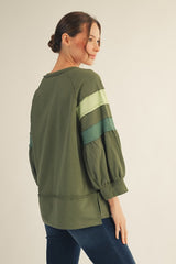 Green Colorblock Raglan 3/4 Sleeve Top