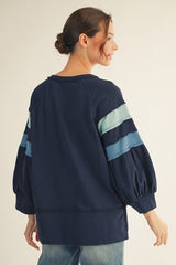 Blue Colorblock Raglan 3/4 Sleeve Top