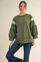 Green Colorblock Raglan 3/4 Sleeve Top